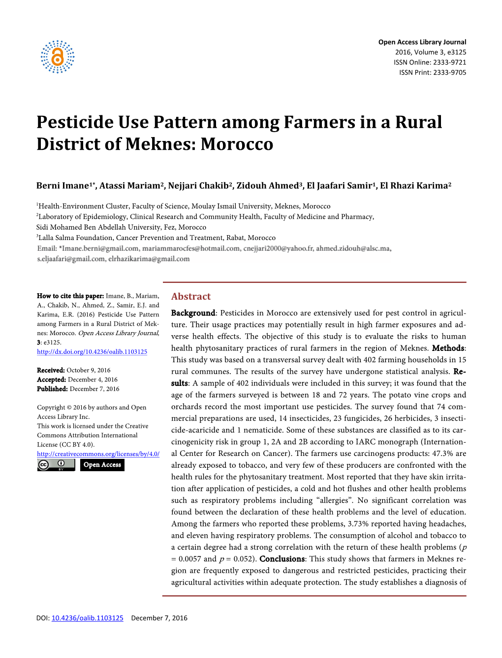 Pesticide Use Pattern Among Farmers in a Rural District of Meknes: Morocco