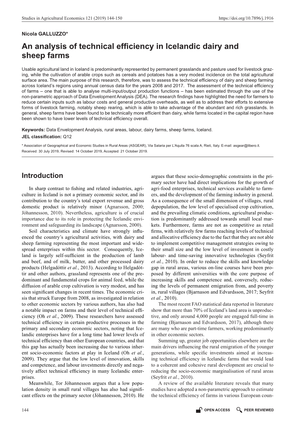 An Analysis of Technical Efficiency in Icelandic Dairy and Sheep Farms