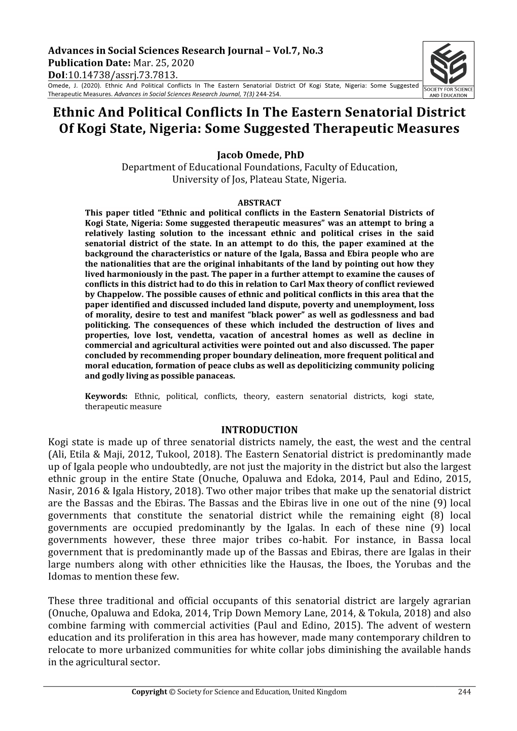 Ethnic and Political Conflicts in the Eastern Senatorial District of Kogi State, Nigeria: Some Suggested Therapeutic Measures