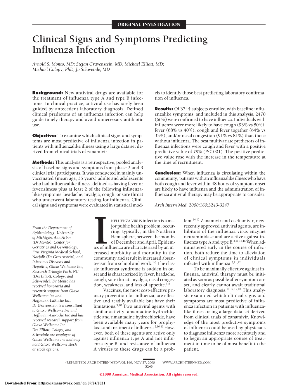 Clinical Signs and Symptoms Predicting Influenza Infection