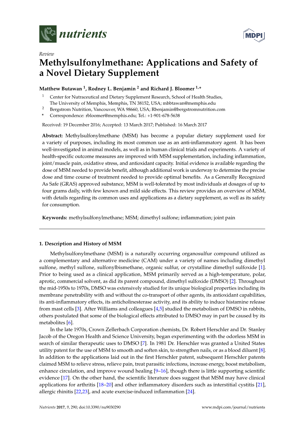 Methylsulfonylmethane: Applications and Safety of a Novel Dietary Supplement