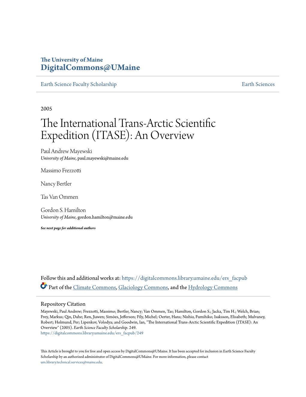 The International Trans-Arctic Scientific Expedition (ITASE)