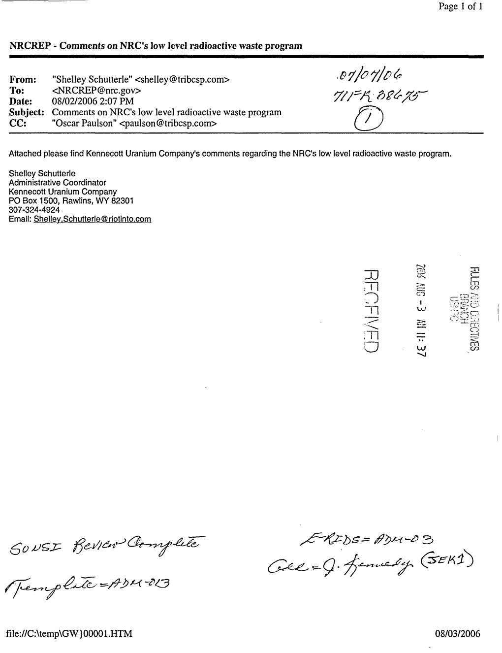 Of Shelley Schutterle on NRC's Low Level Radioactive Waste Program