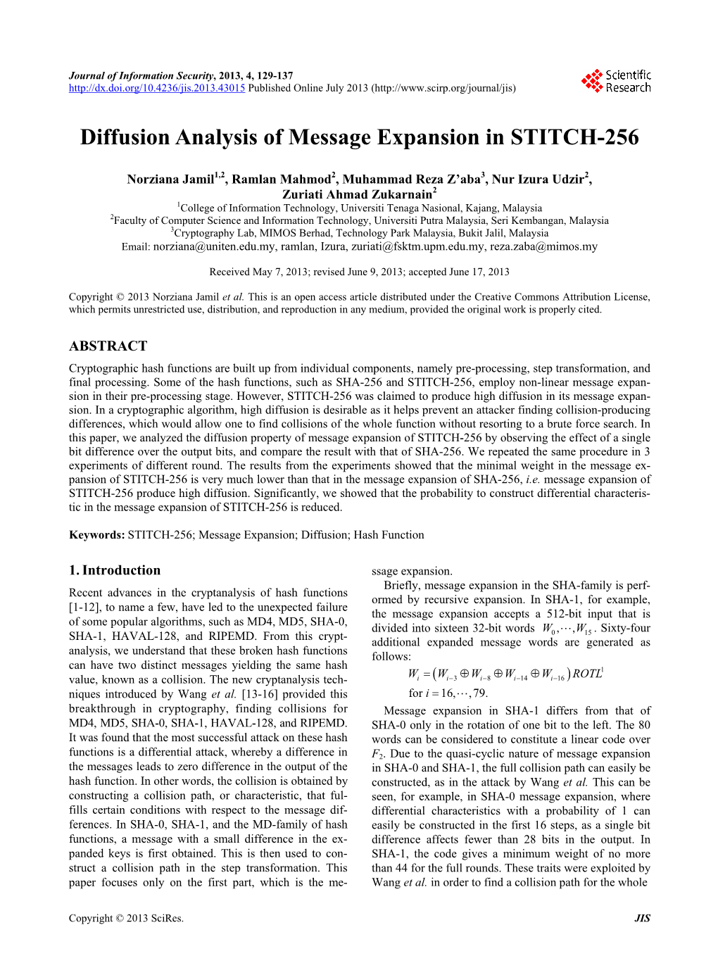 Diffusion Analysis of Message Expansion in STITCH-256