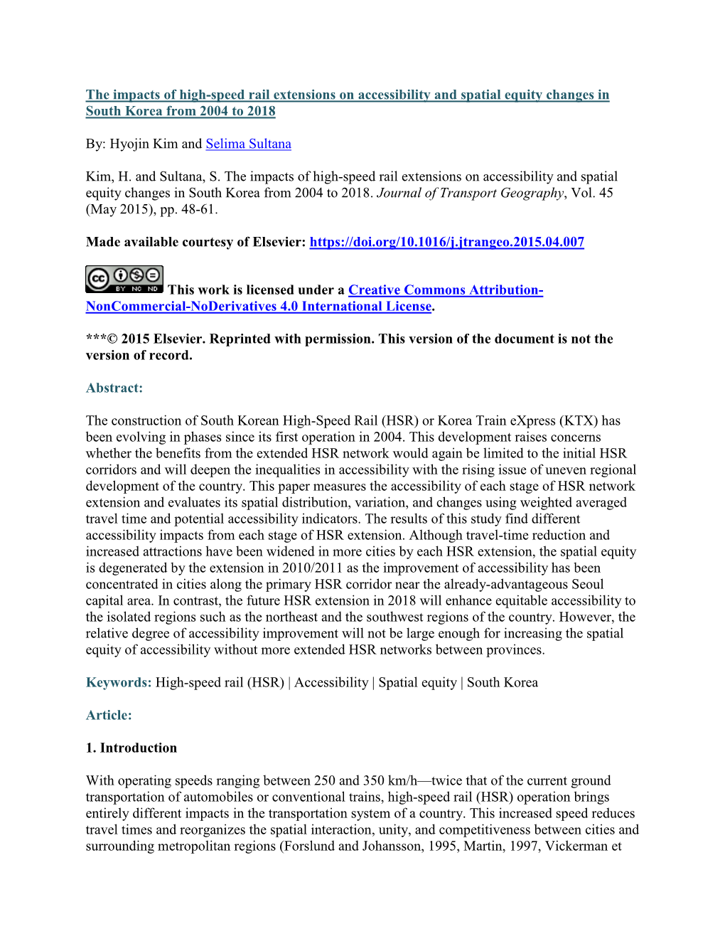 The Impacts of High-Speed Rail Extensions on Accessibility and Spatial Equity Changes in South Korea from 2004 to 2018