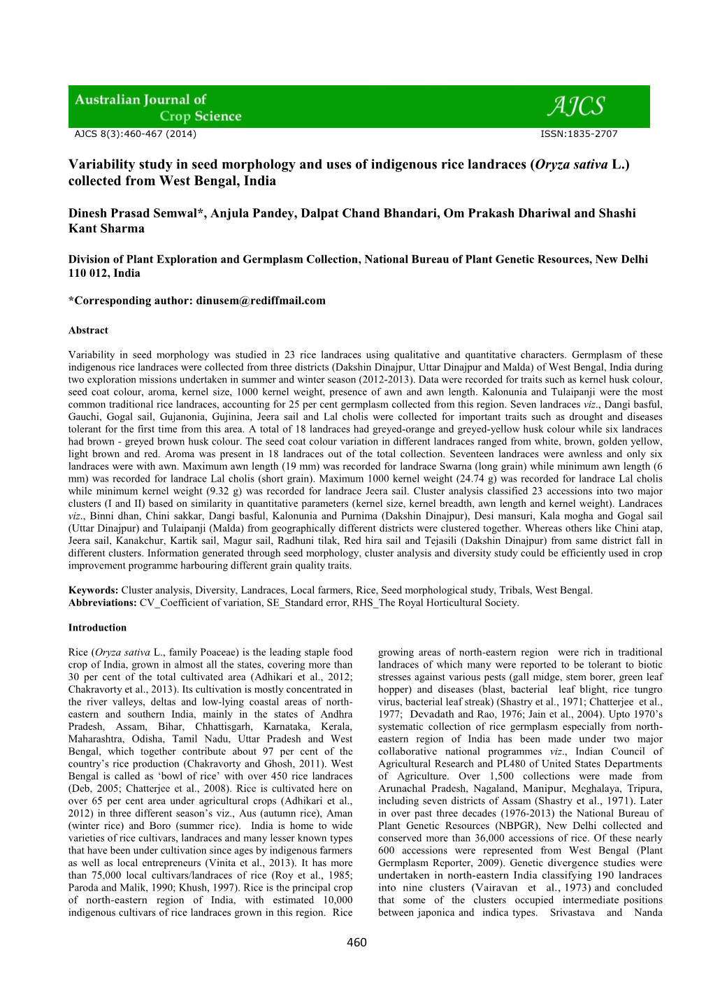 Variability Study in Seed Morphology and Uses of Indigenous Rice Landraces (Oryza Sativa L.) Collected from West Bengal, India