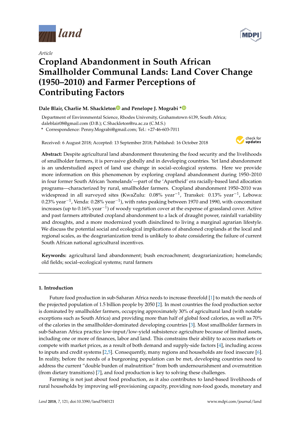 Cropland Abandonment in South African Smallholder Communal Lands: Land Cover Change (1950–2010) and Farmer Perceptions of Contributing Factors