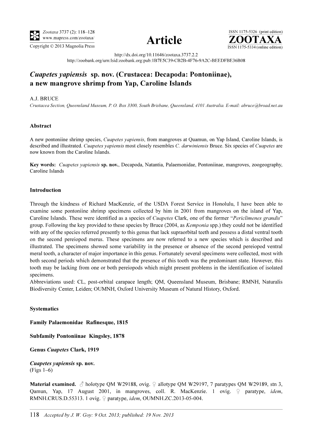 Cuapetes Yapiensis Sp. Nov. (Crustacea: Decapoda: Pontoniinae), a New Mangrove Shrimp from Yap, Caroline Islands