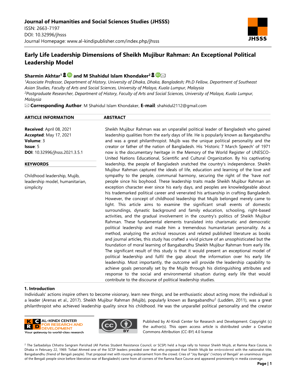 Early Life Leadership Dimensions of Sheikh Mujibur Rahman: an Exceptional Political Leadership Model