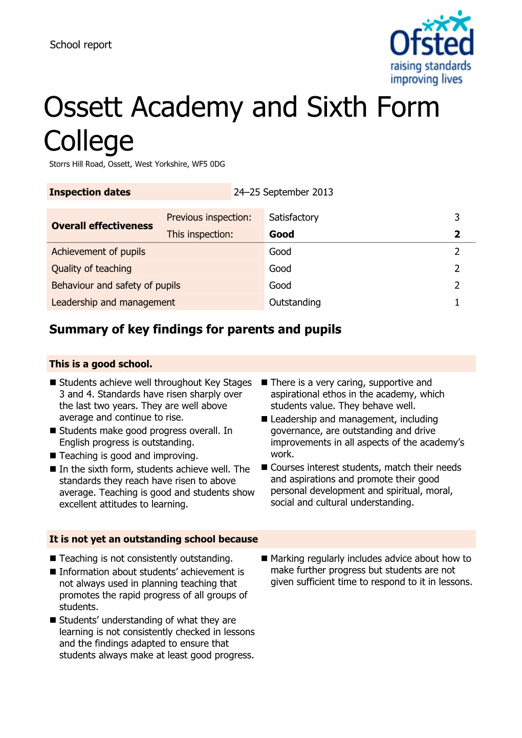 Ossett Academy and Sixth Form College Storrs Hill Road, Ossett, West Yorkshire, WF5 0DG