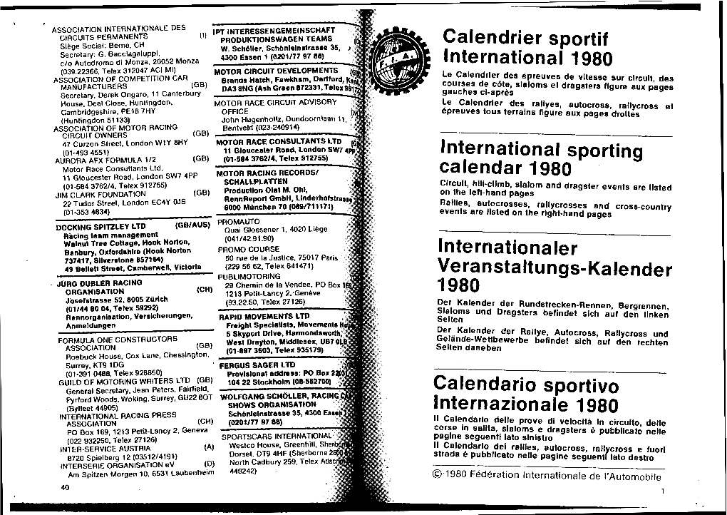 Calendrier Sportif International 1980 International Sporting Calendar 1980 Internationaler Calendario Sportive Internazionale 19