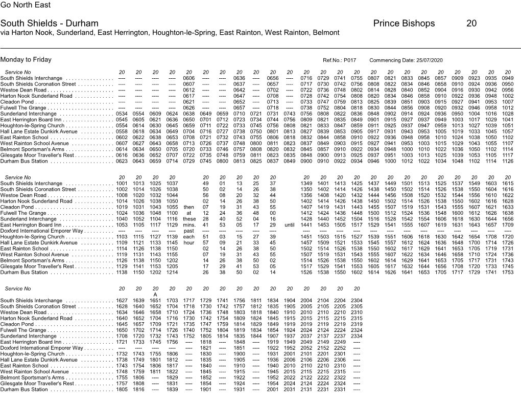South Shields - Durham Prince Bishops 20 Via Harton Nook, Sunderland, East Herrington, Houghton-Le-Spring, East Rainton, West Rainton, Belmont