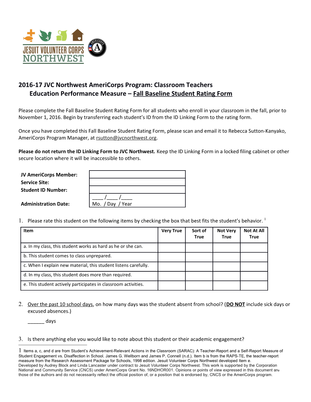 2016-17 JVC Northwest Americorps Program: Classroom Teachers Education Performance Measure