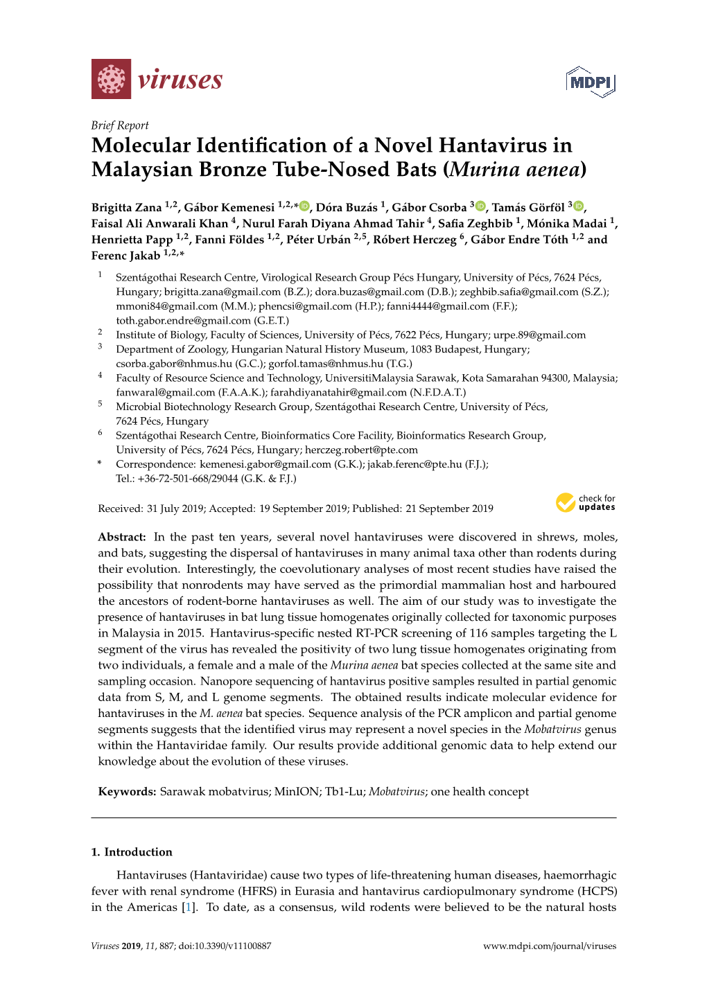 Molecular Identification of a Novel Hantavirus in Malaysian Bronze