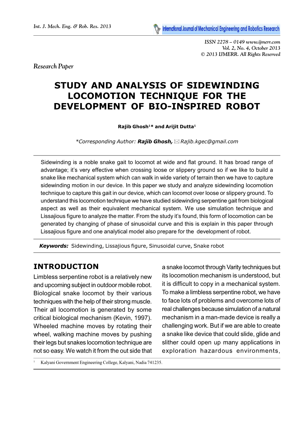 Study and Analysis of Sidewinding Locomotion Technique for the Development of Bio-Inspired Robot