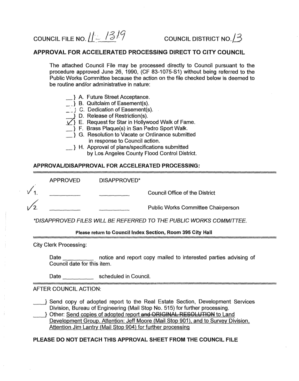 Approval for Accelerated Processing Direct to City Council