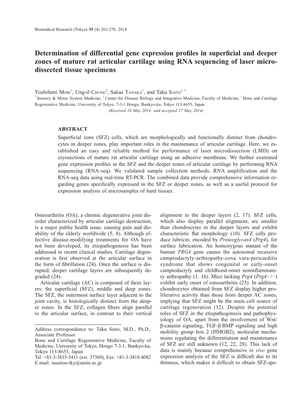 Determination of Differential Gene Expression Profiles in Superficial and Deeper Zones of Mature Rat Articular Cartilage Using RNA Sequencing of Laser Microdissected Tissue Specimens