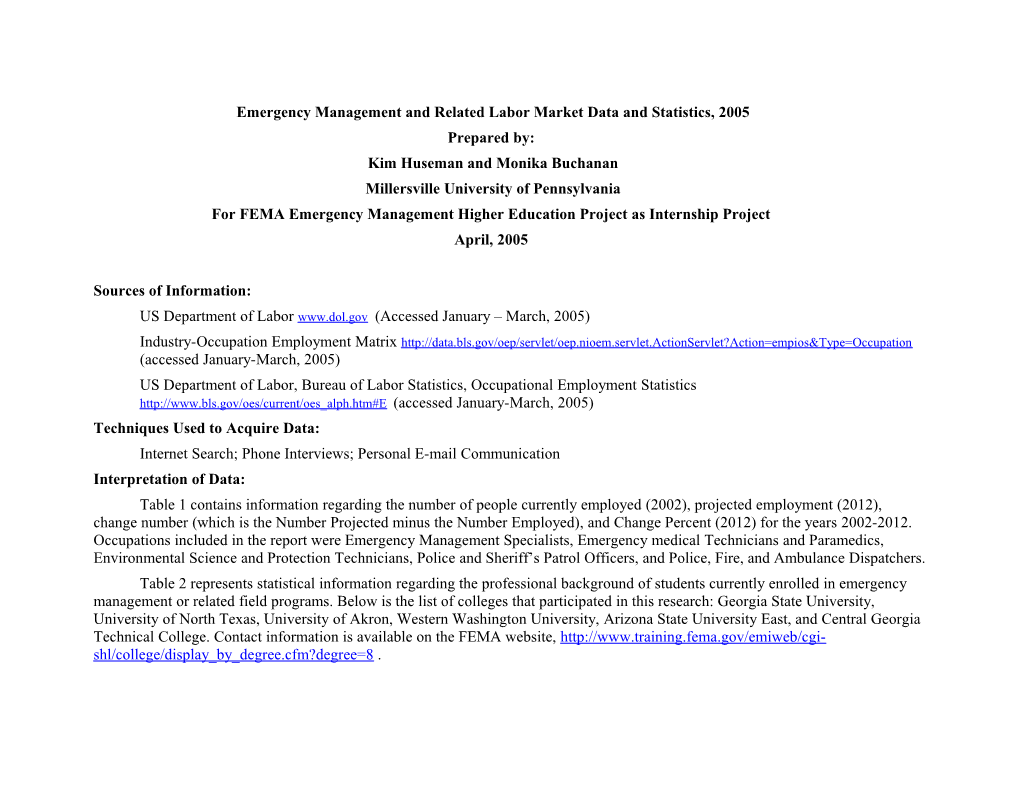 Emergency Management and Related Labor Market Data and Statistics, 2005