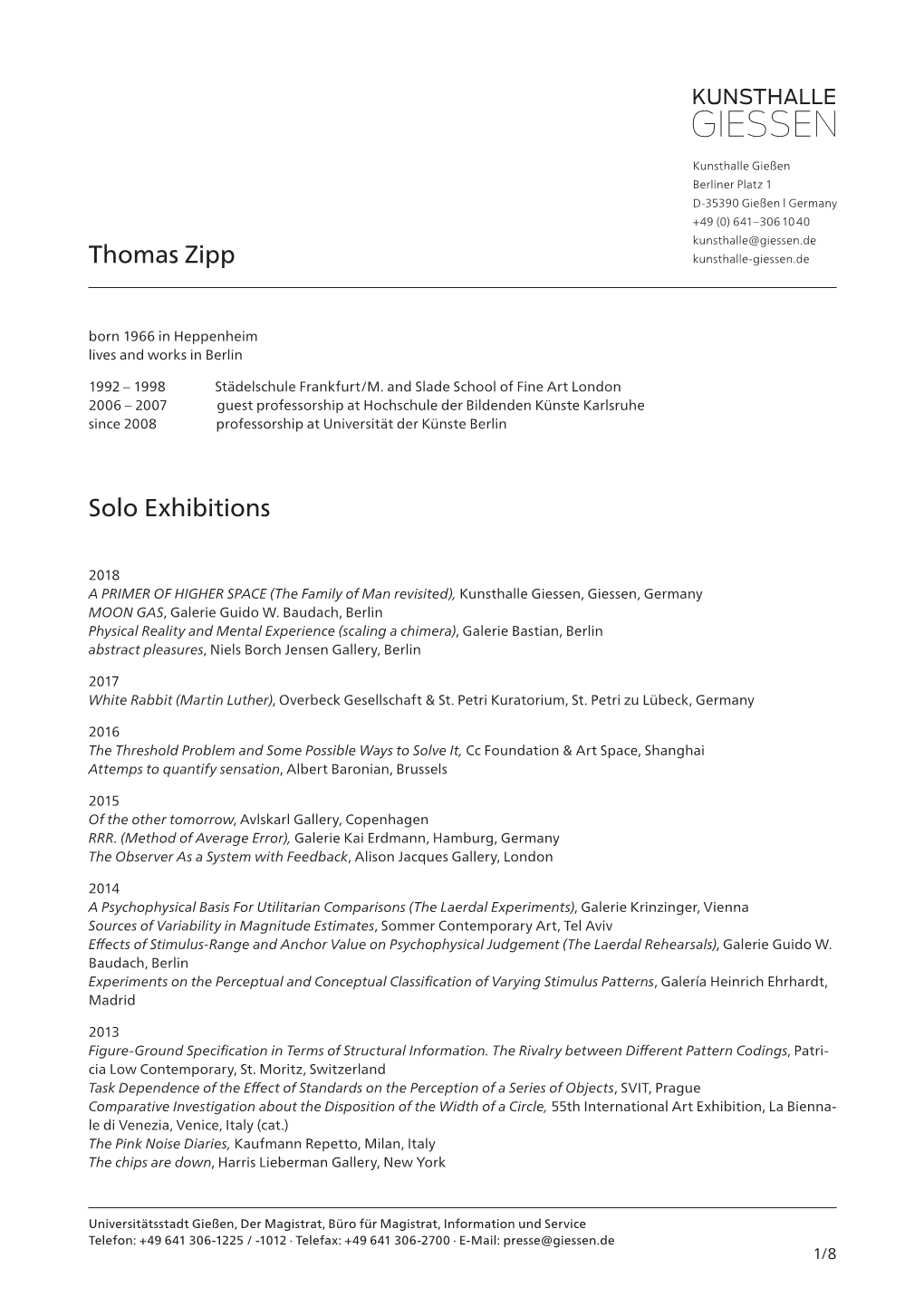 Solo Exhibitions Thomas Zipp