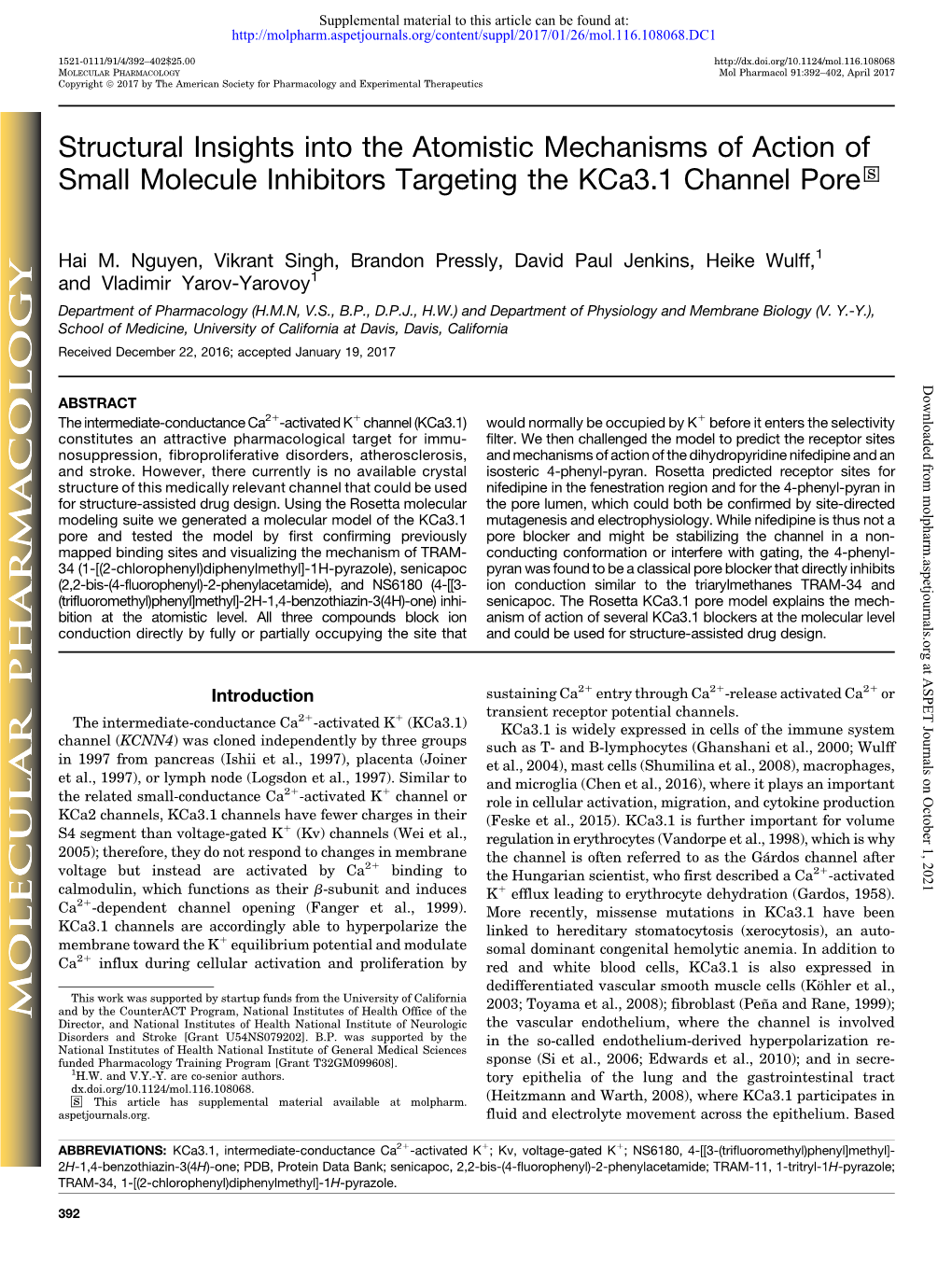 Structural Insights Into the Atomistic Mechanisms of Action of Small Molecule Inhibitors Targeting the Kca3.1 Channel Pore S