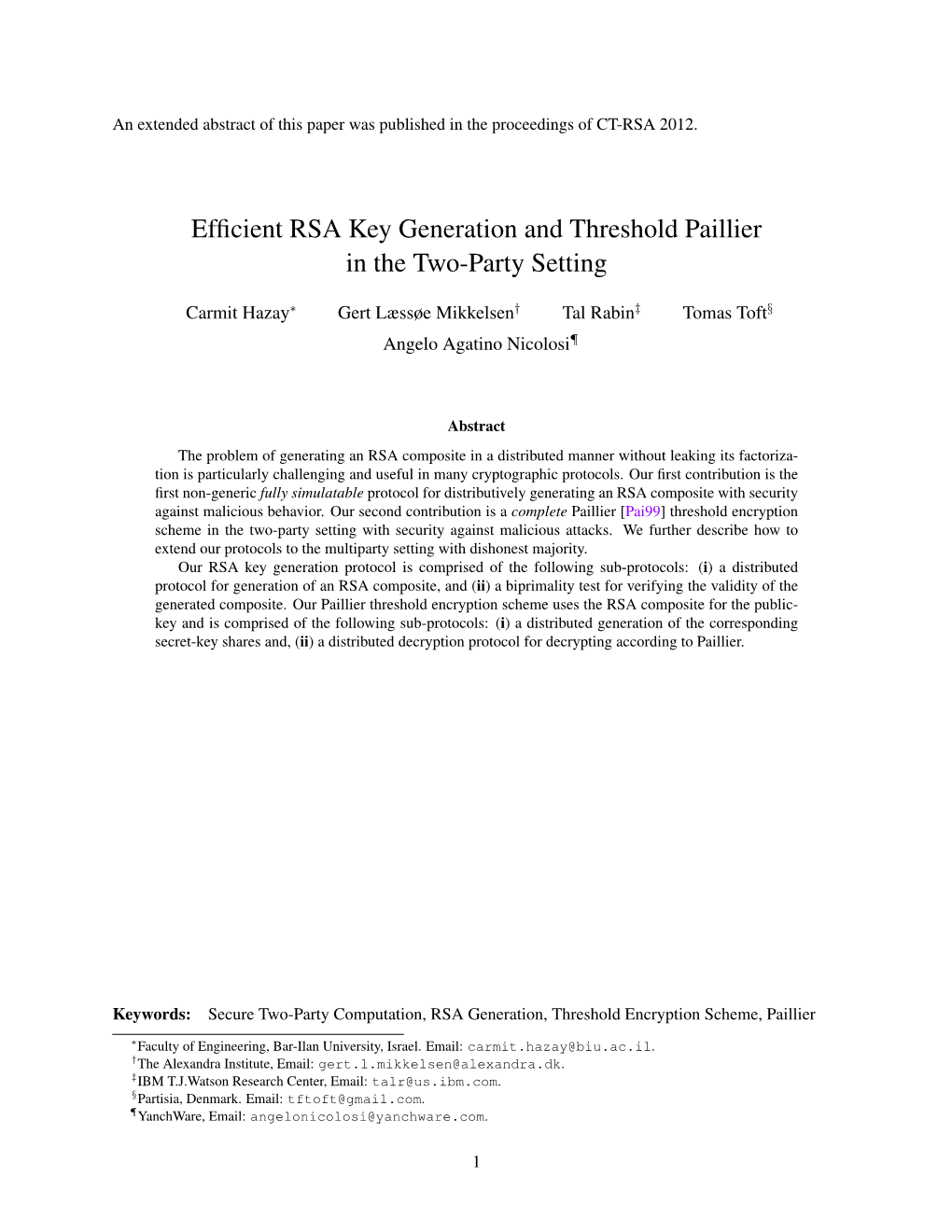 Efficient RSA Key Generation and Threshold Paillier in the Two-Party