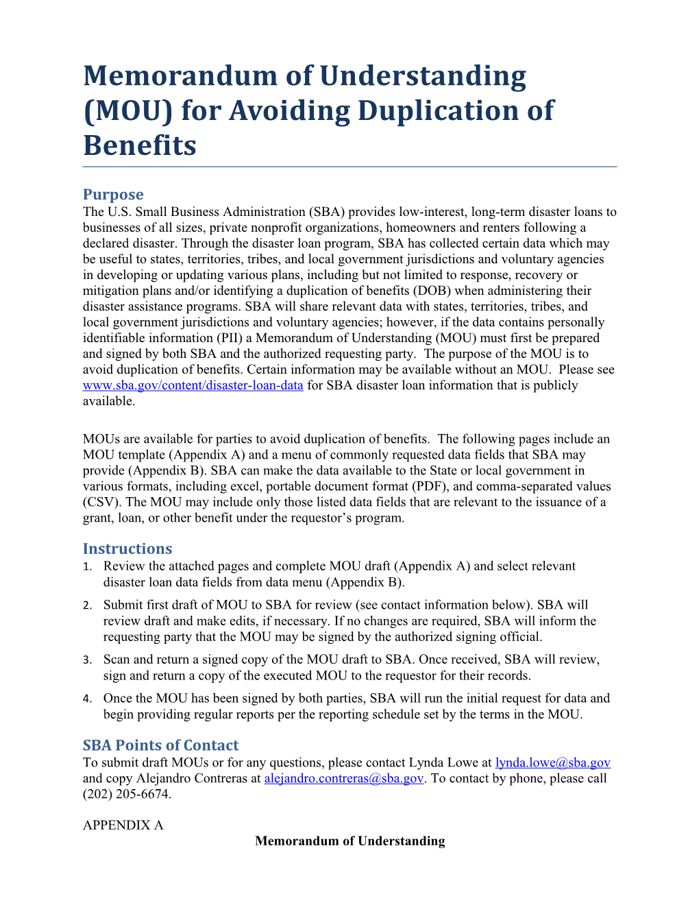 Memorandum of Understanding (MOU) for Avoiding Duplication of Benefits