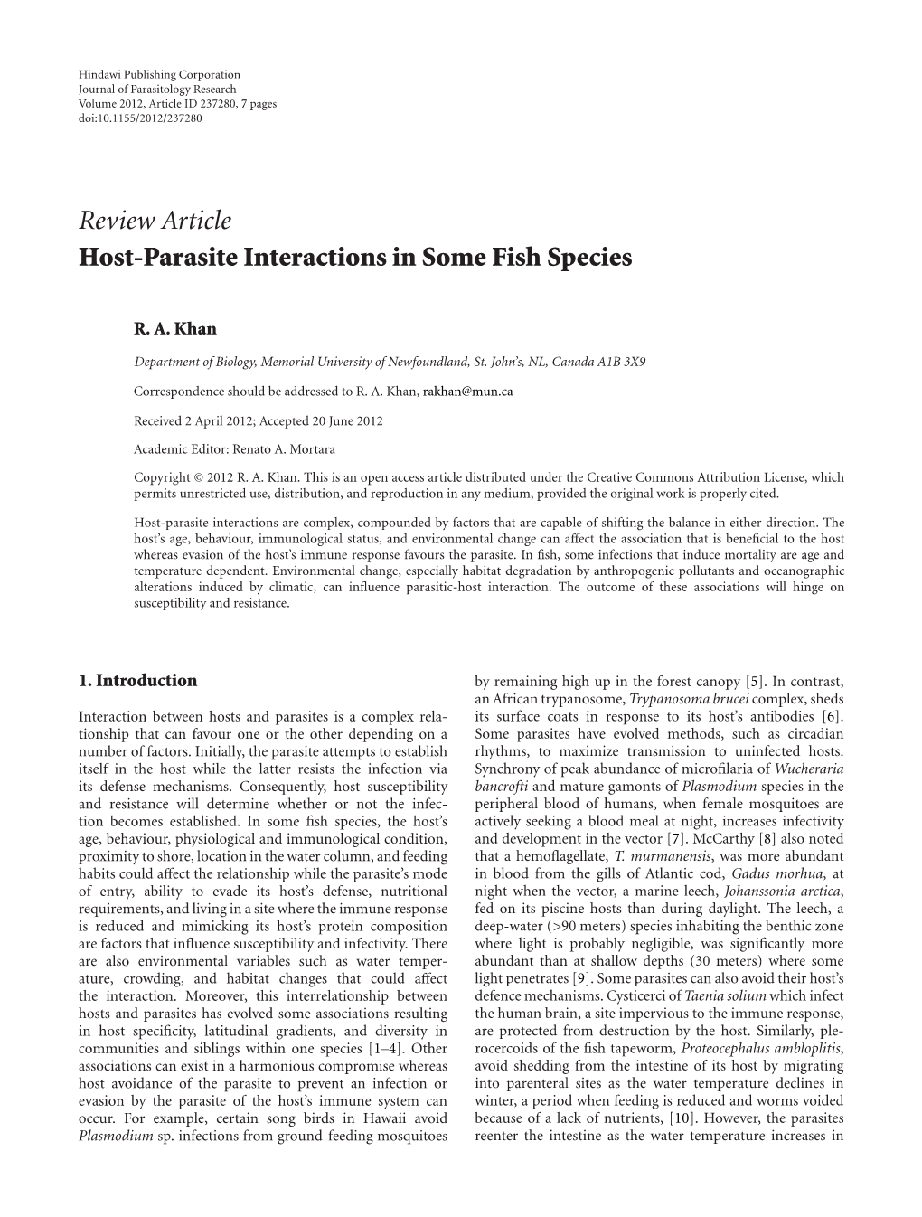 Host-Parasite Interactions in Some Fish Species