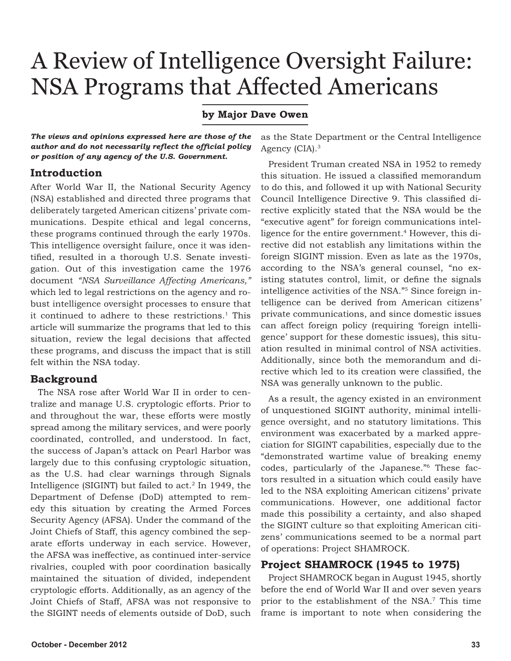 A Review of Intelligence Oversight Failure: NSA Programs That Affected Americans