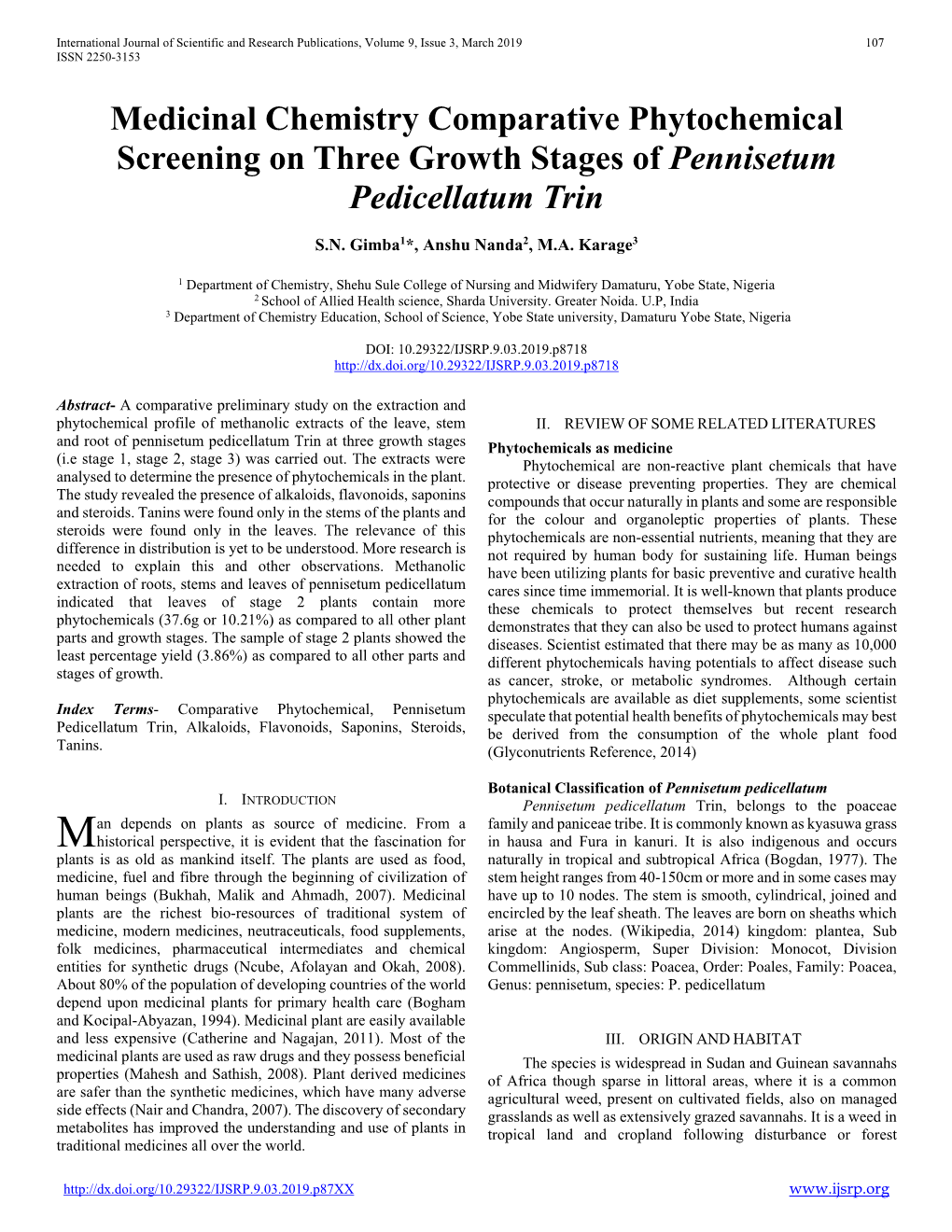 Medicinal Chemistry Comparative Phytochemical Screening on Three Growth Stages of Pennisetum Pedicellatum Trin