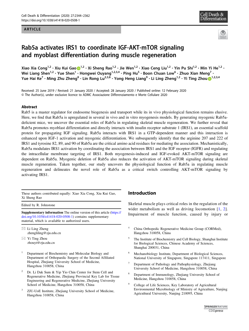 Rab5a Activates IRS1 to Coordinate IGF-AKT-Mtor Signaling and Myoblast Differentiation During Muscle Regeneration