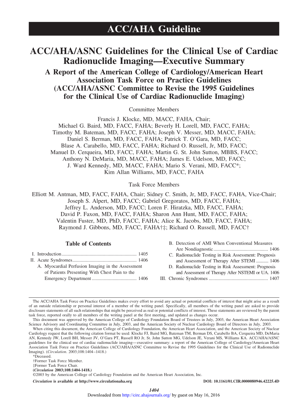 ACC/AHA/ASNC Guidelines for the Clinical Use of Cardiac Radionuclide Imaging—Executive Summary