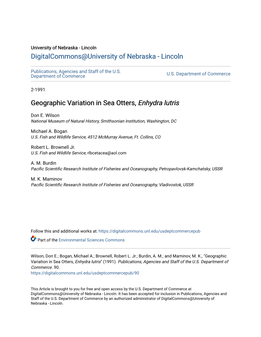 Geographic Variation in Sea Otters, Enhydra Lutris