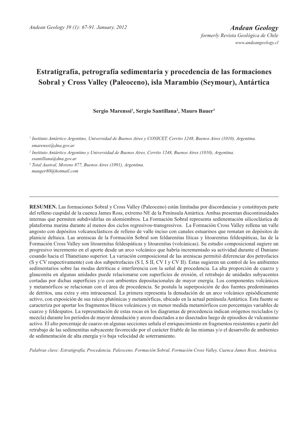 Estratigrafía, Petrografía Sedimentaria Y Procedencia De Las Formaciones Sobral Y Cross Valley (Paleoceno), Isla Marambio (Seymour), Antártica