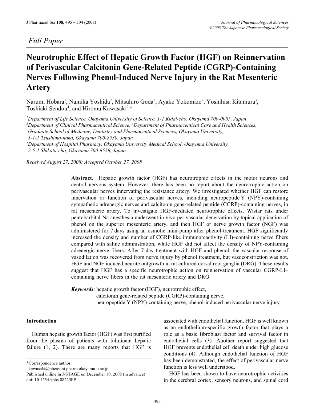 HGF) on Reinnervation of Perivascular Calcitonin Gene-Related Peptide (CGRP)-Containing Nerves Following Phenol-Induced Nerve Injury in the Rat Mesenteric Artery