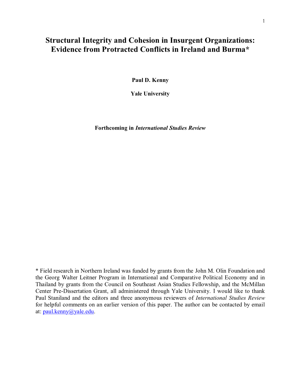 Structural Integrity and Cohesion in Insurgent Organizations: Evidence from Protracted Conflicts in Ireland and Burma*