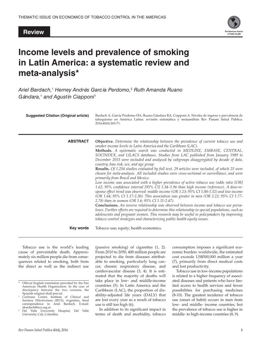 Income Levels and Prevalence of Smoking in Latin America: a Systematic Review and Meta-Analysis*