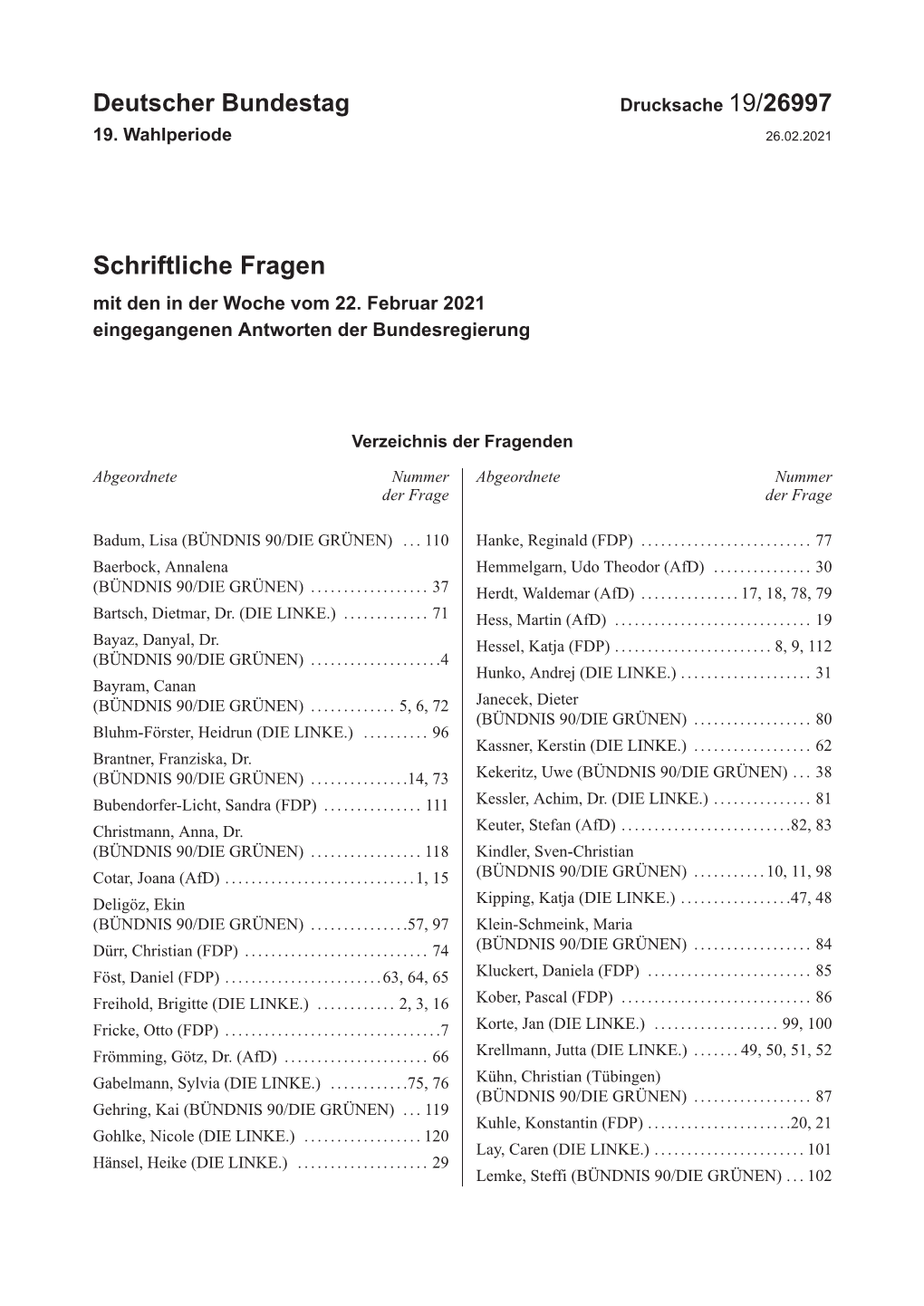 Bundestag: Schriftliche Fragen Und Antworten Der Bundesregierung