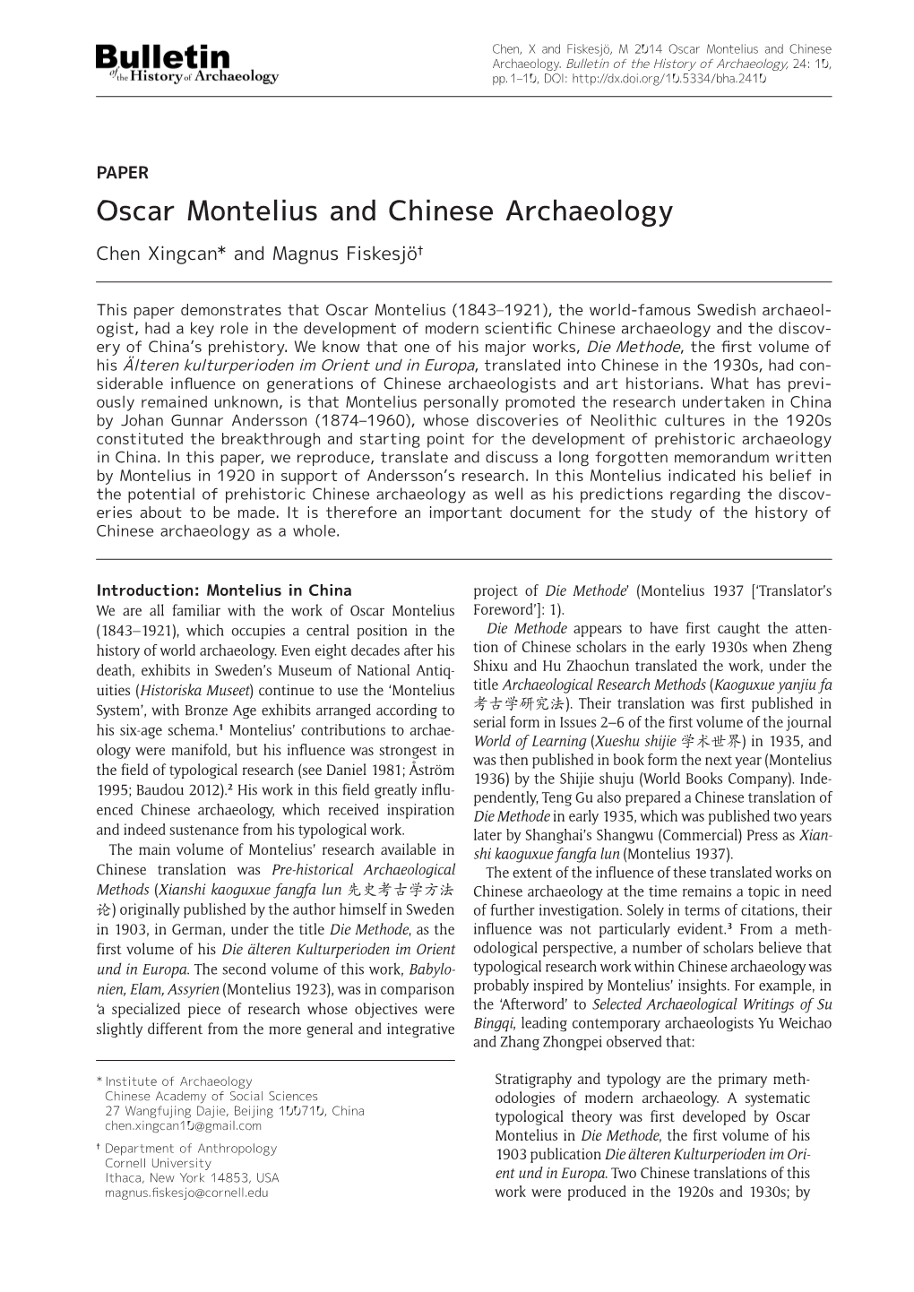 Oscar Montelius and Chinese Archaeology