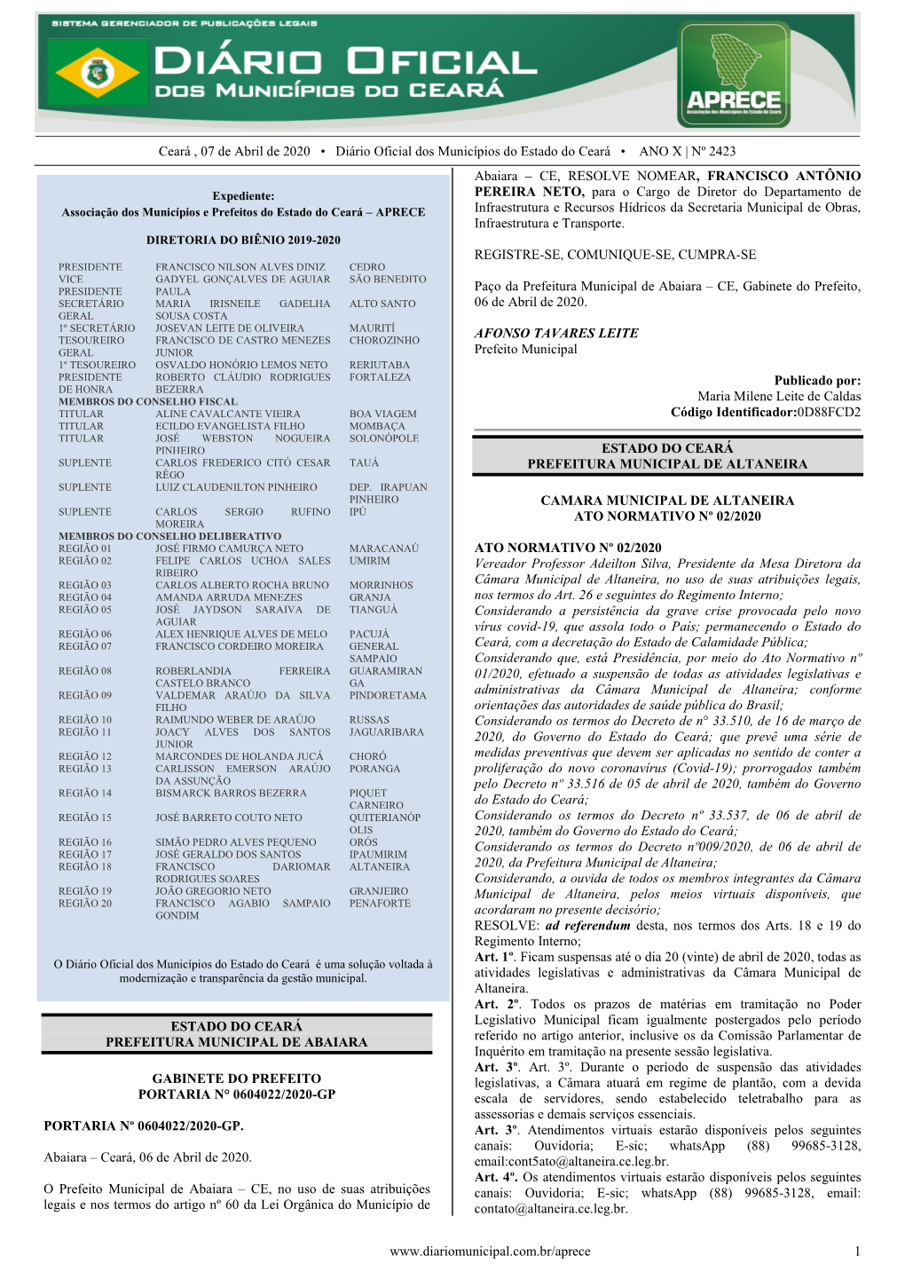 Ceará , 07 De Abril De 2020 • Diário Oficial Dos Municípios Do Estado Do Ceará • ANO X | Nº 2423