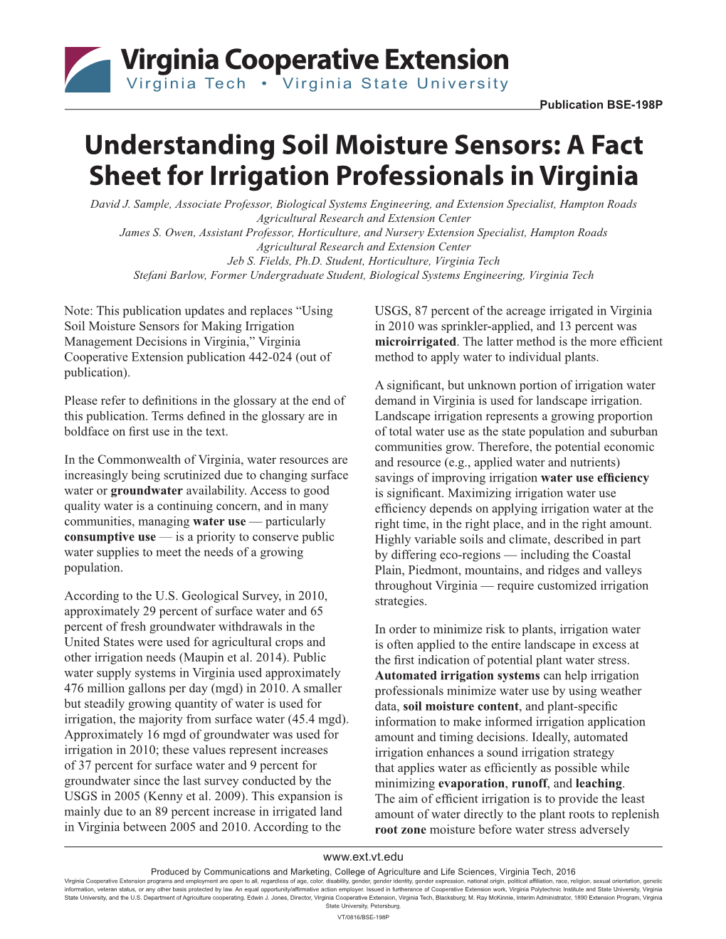 Understanding Soil Moisture Sensors: a Fact Sheet for Irrigation Professionals in Virginia David J