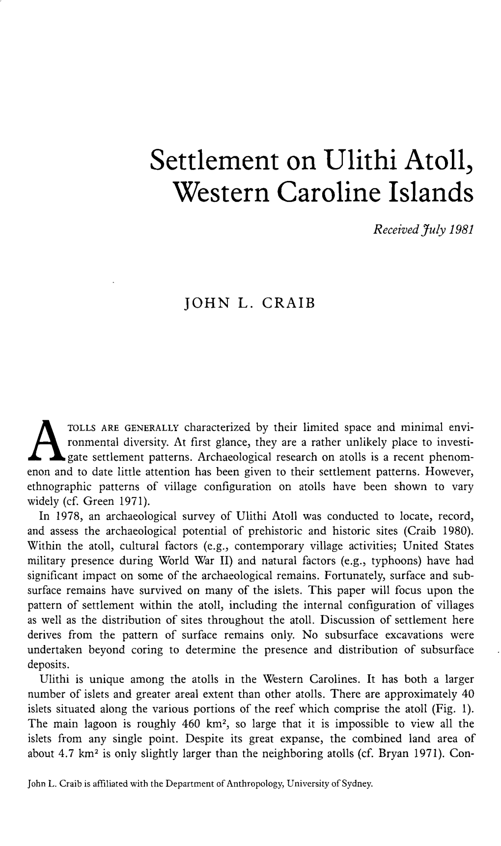 Settlement on Ulithi Atoll, Western Caroline Islal1ds