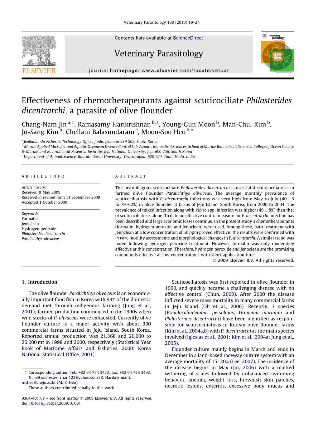 Effectiveness of Chemotherapeutants Against Scuticociliate Philasterides Dicentrarchi, a Parasite of Olive ﬂounder