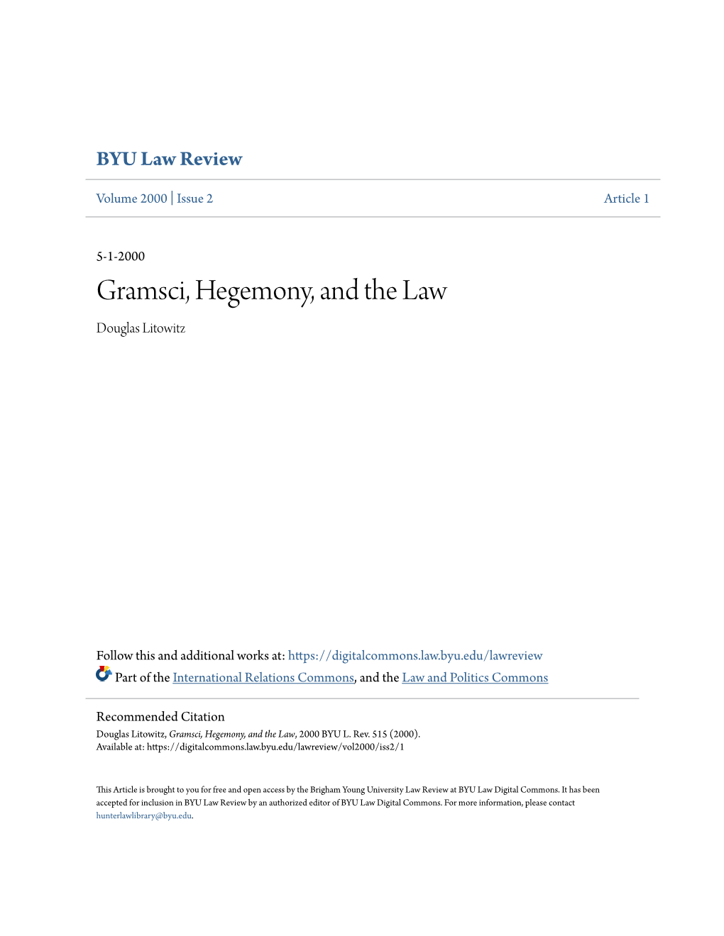 Gramsci, Hegemony, and the Law Douglas Litowitz