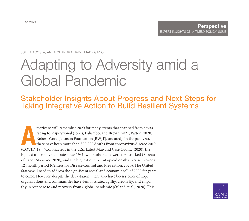 Adapting to Adversity Amid a Global Pandemic Stakeholder Insights About Progress and Next Steps for Taking Integrative Action to Build Resilient Systems