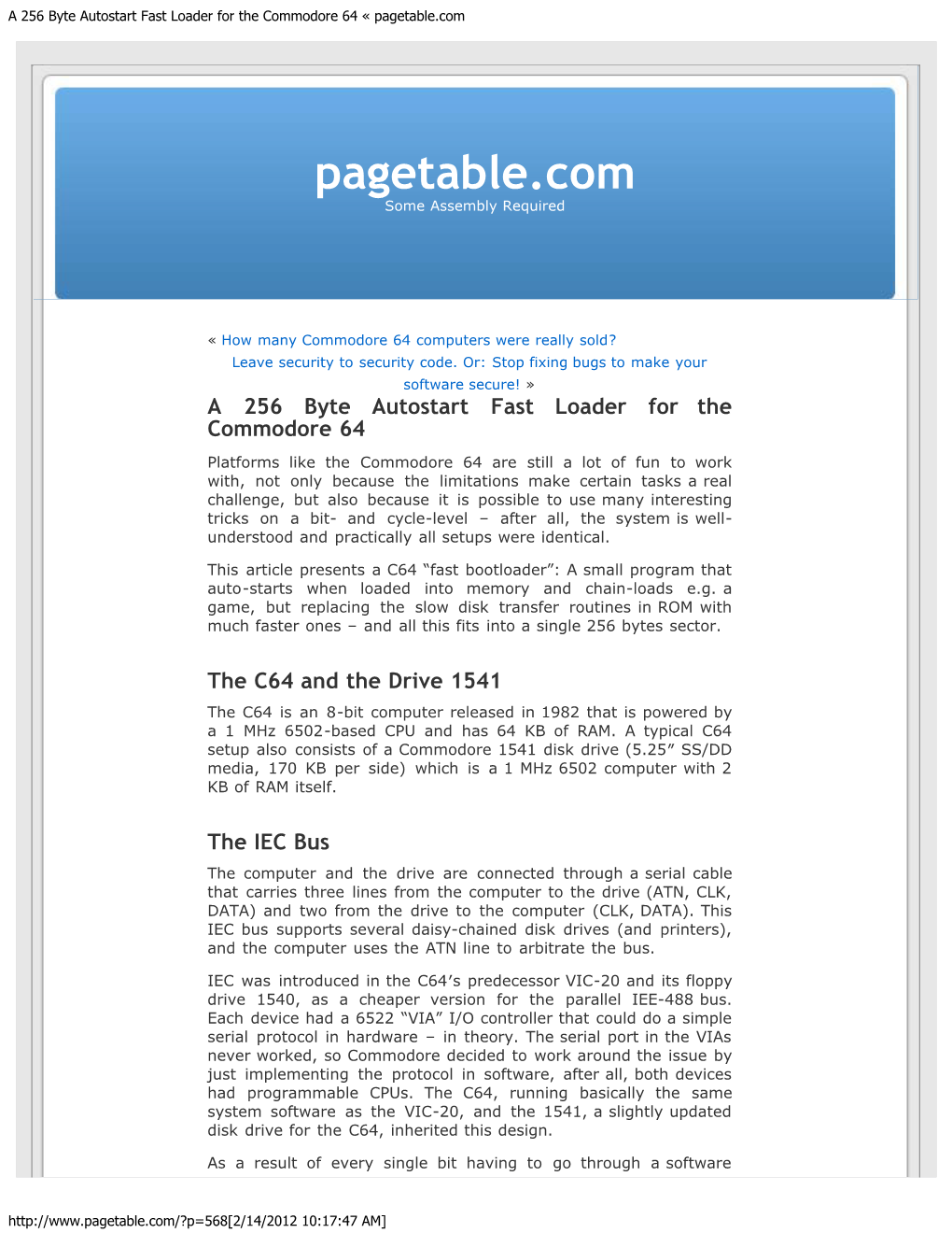 A 256 Byte Autostart Fast Loader for the Commodore 64 « Pagetable.Com