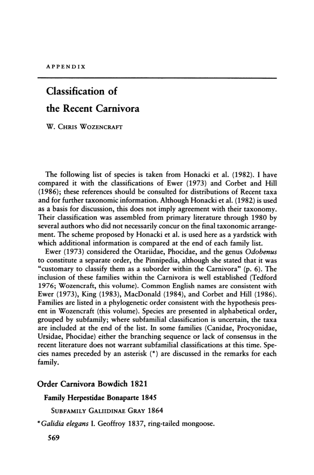 Classification of the Recent Carnivora