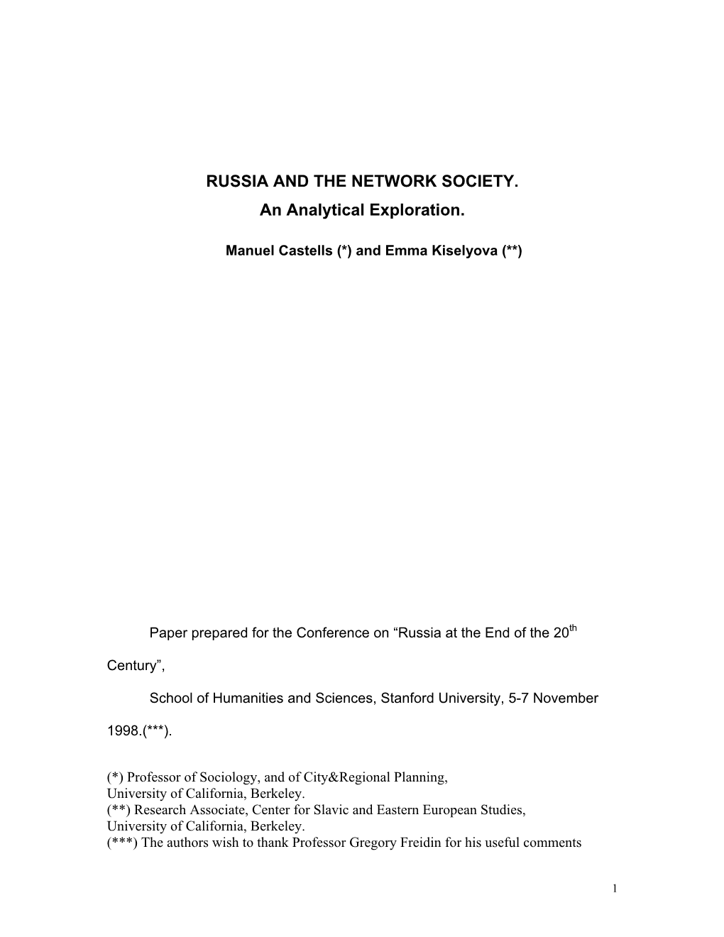 RUSSIA and the NETWORK SOCIETY. an Analytical Exploration