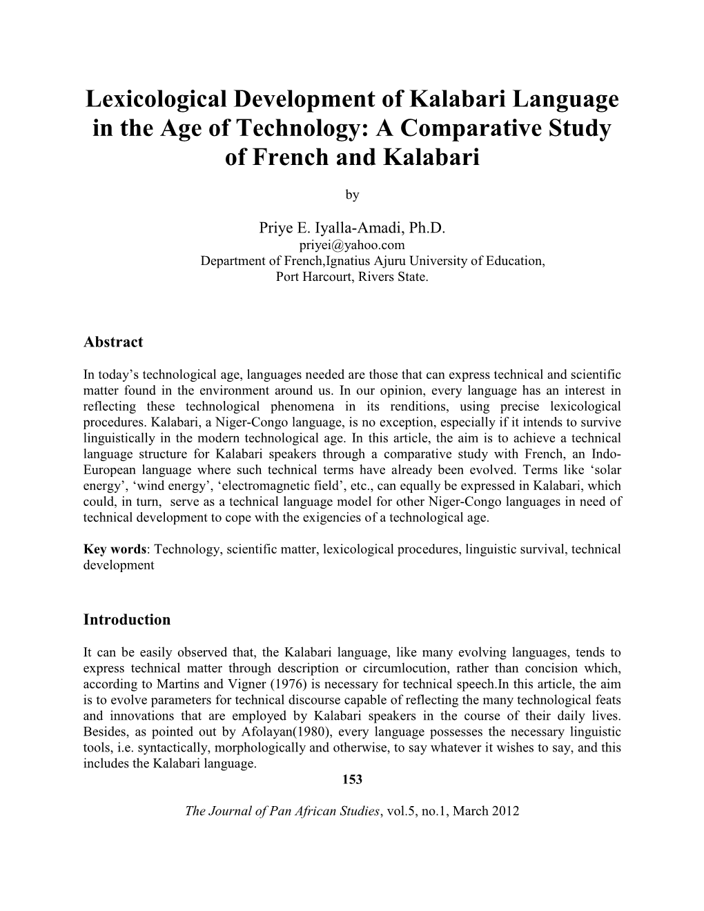 Lexicological Development of Kalabari Language in the Age of Technology: a Comparative Study of French and Kalabari