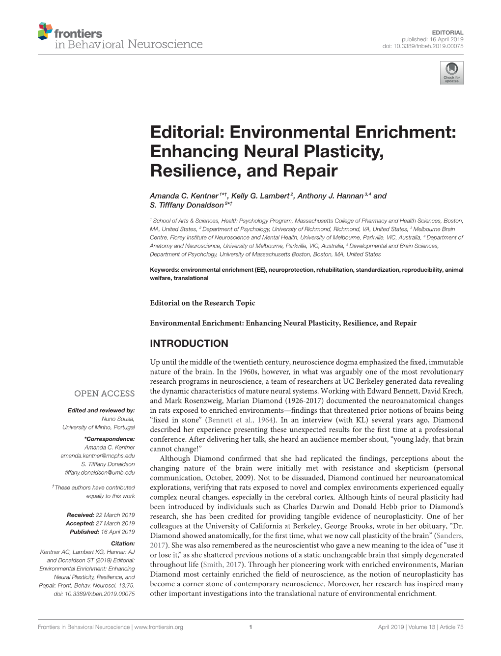 Editorial: Environmental Enrichment: Enhancing Neural Plasticity, Resilience, and Repair