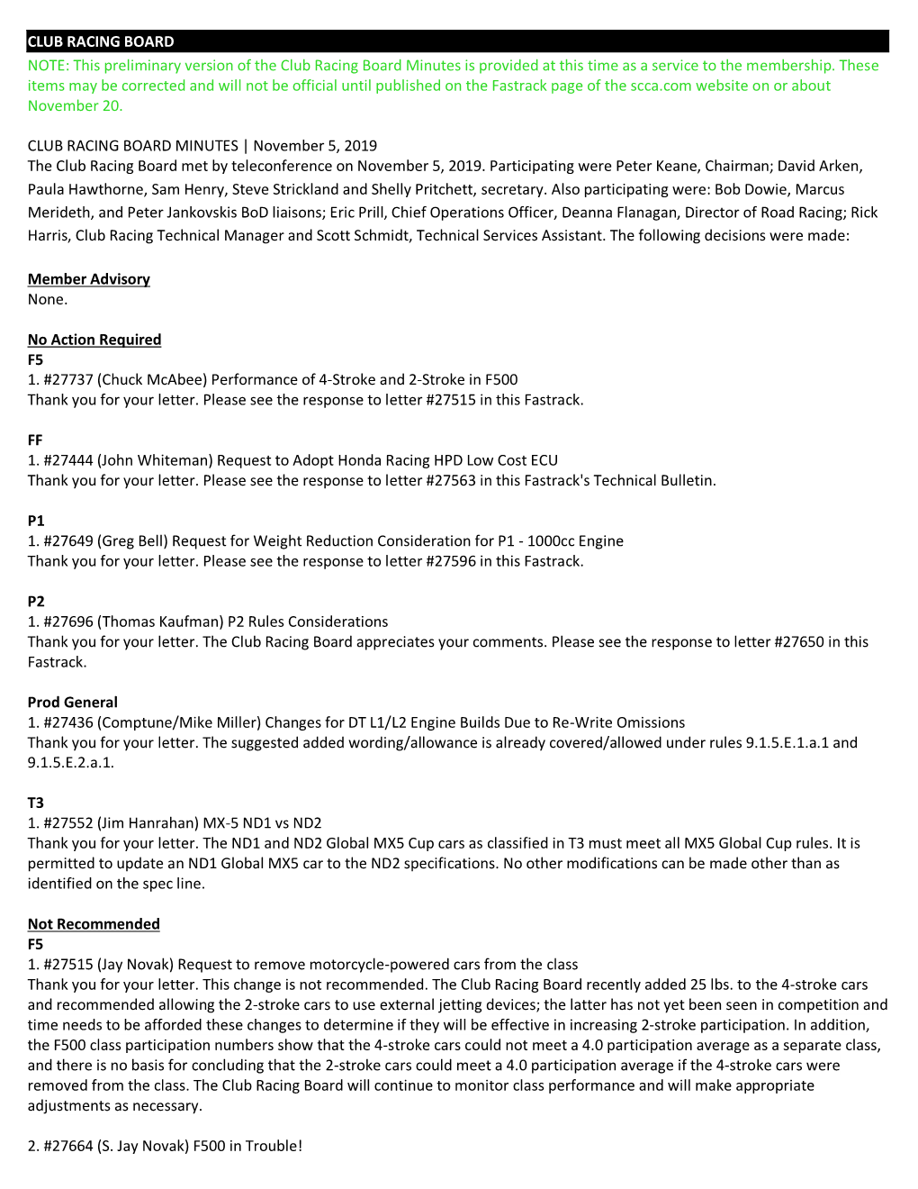 This Preliminary Version of the Club Racing Board Minutes Is Provided at This Time As a Service to the Membership